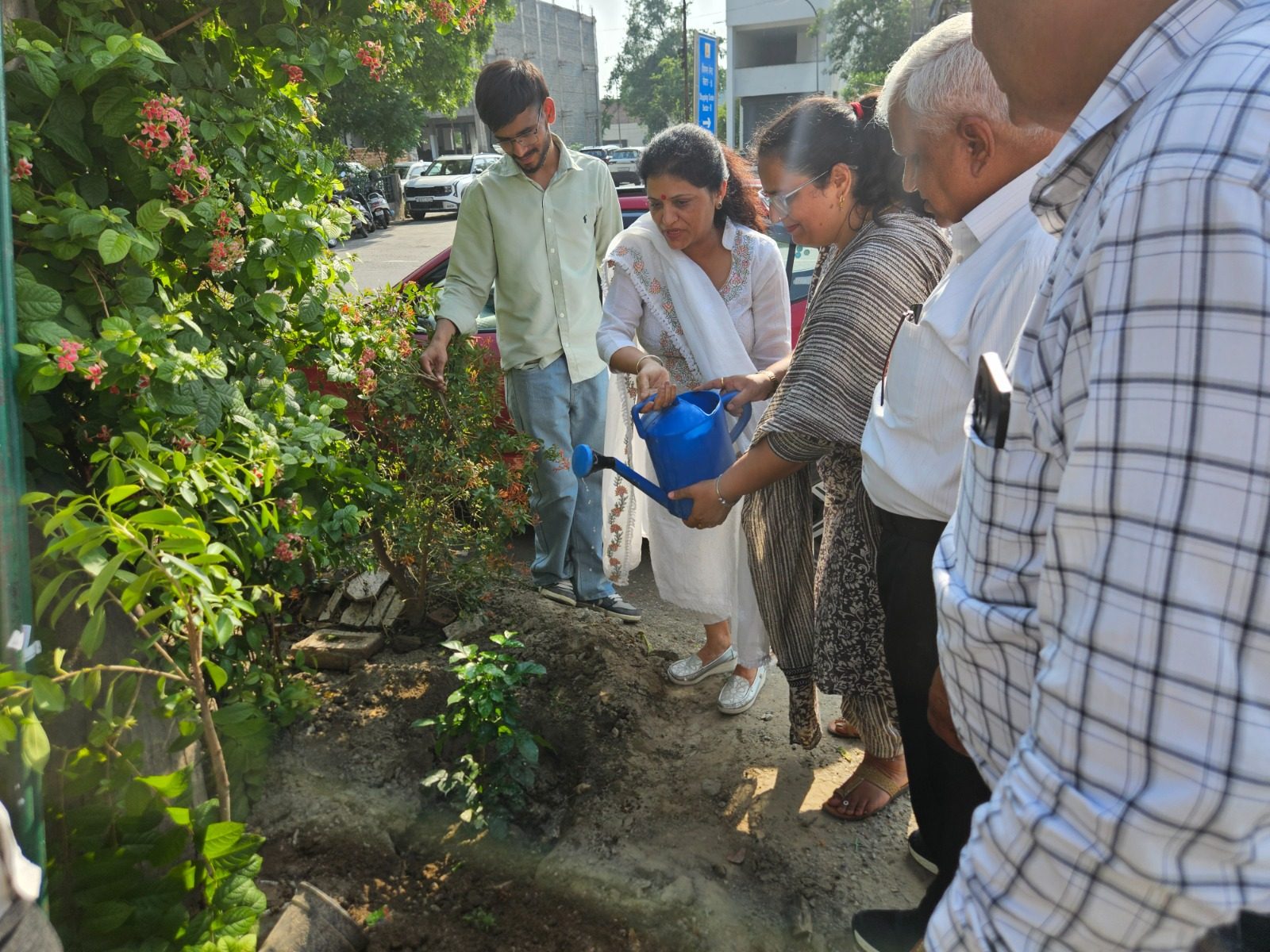 Team watering newly planted saplings on World Environment Day